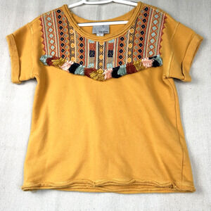 CHLOE OLIVER | Women's Size Small Shirt Anthropology Embroidered Tassels Orange